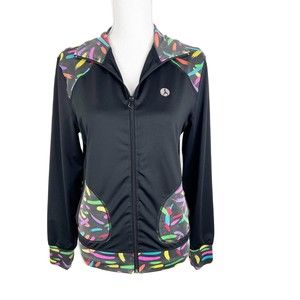 Yoshion Sweater Women Medium Black Neon 80s Style Trim Full Zip Front Activewear